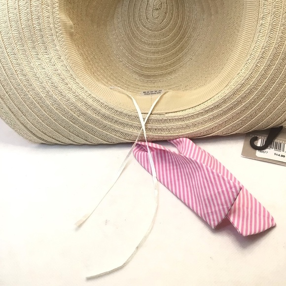 Styline Women’s Light Beige Folded Straw Panama Hat with Pink Striped Band & Bow - Picture 7 of 8